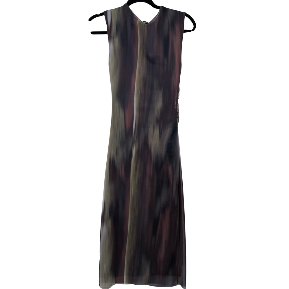 Zara Brown Abstract Print Mesh Midi Dress Sleeveless Ruched Side Size Small - Picture 6 of 6